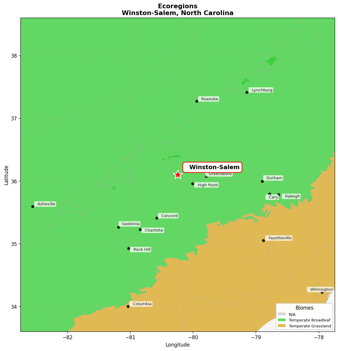 Appalachian Piedmont forests Ecoregion Map for Winston-Salem, NC